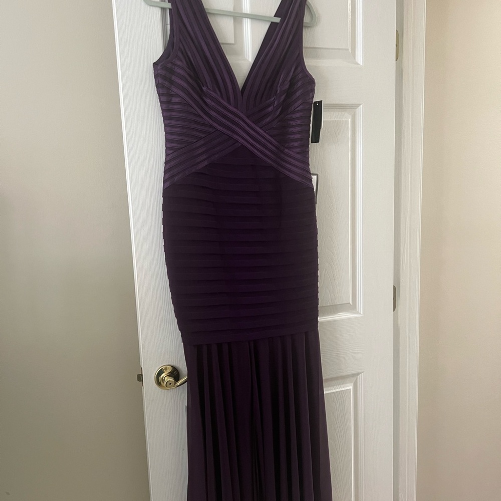 Betsy & Adam Purple Ruched V-Neck High Low Dress